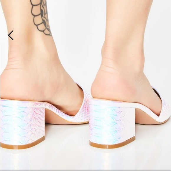 Dolls Kill Holographic Iridescent Pure Prismatic Poison Snake Block Heel Sandals - Picture 4 of 15